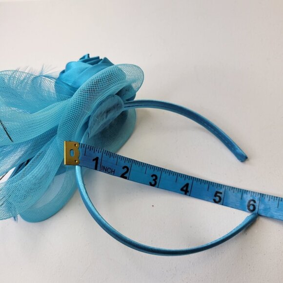 Blue Roses Headband Fascinator with Bows and Blue Feathers - Picture 11 of 15